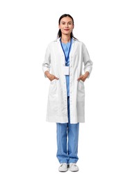 Photo of Beautiful nurse in uniform on white background