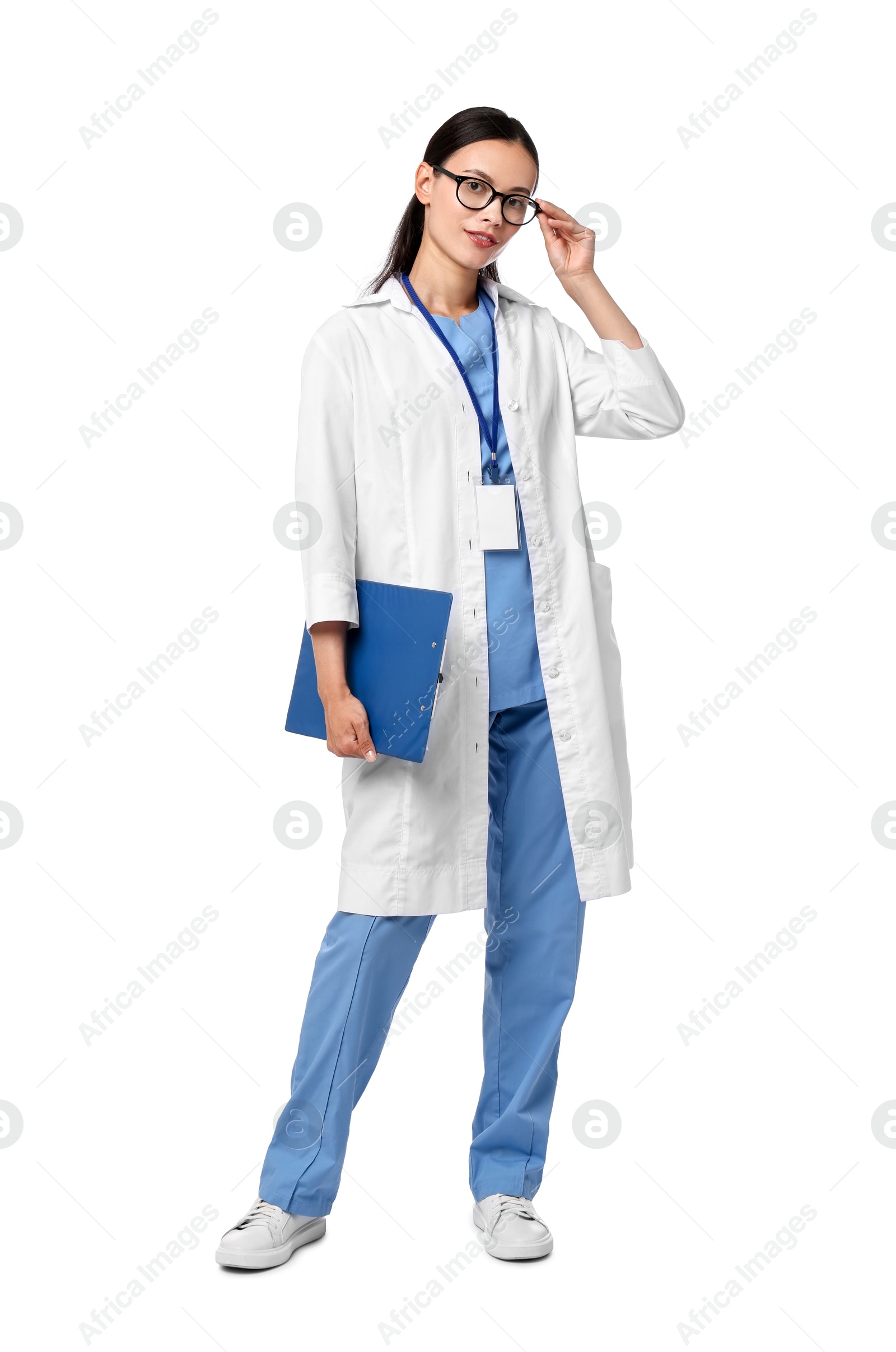 Photo of Smiling nurse with clipboard on white background