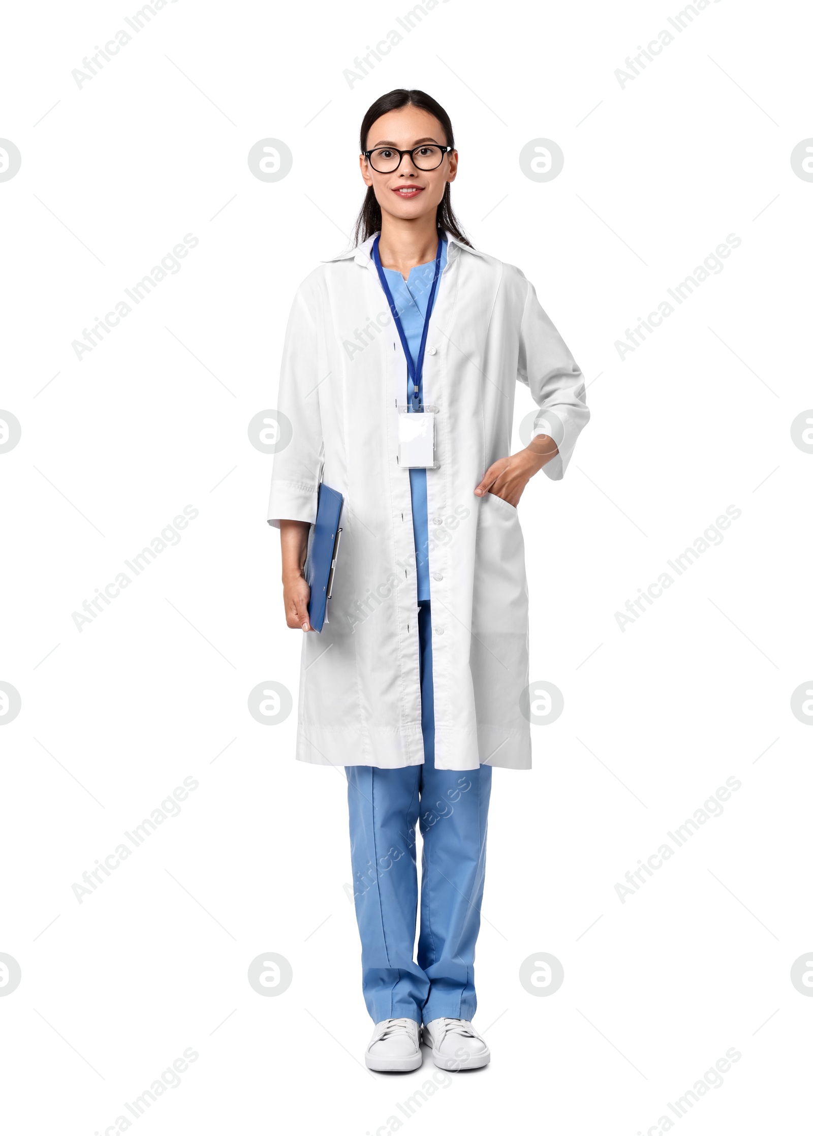 Photo of Smiling nurse with clipboard on white background