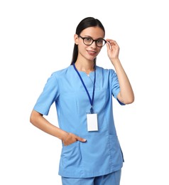 Photo of Portrait of smiling nurse on white background