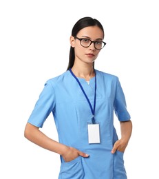 Photo of Portrait of beautiful nurse on white background