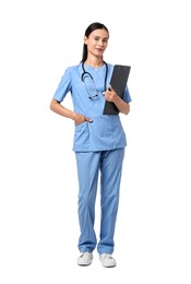 Photo of Beautiful nurse with clipboard on white background