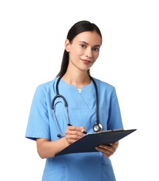 Beautiful nurse with clipboard writing notes on white background