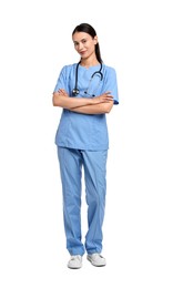 Photo of Beautiful nurse with crossed arms on white background