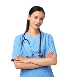 Photo of Beautiful nurse with crossed arms on white background