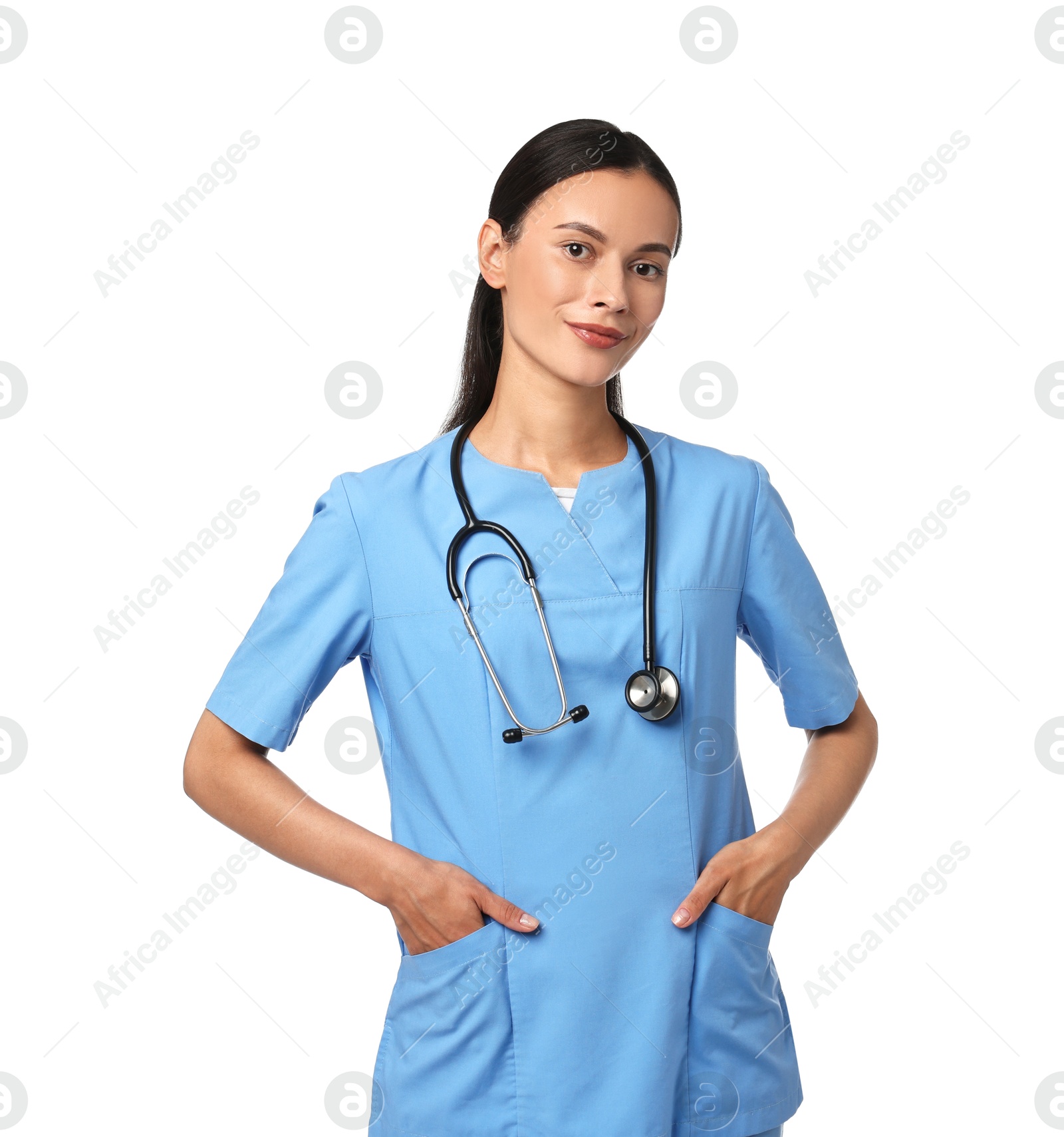 Photo of Portrait of beautiful nurse on white background