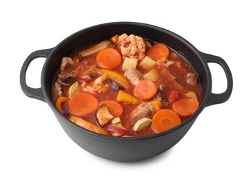 Photo of Tasty homemade stew with vegetables in dish isolated on white