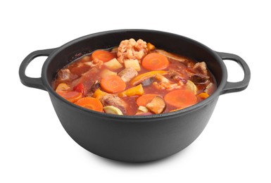 Tasty homemade stew with vegetables in dish isolated on white