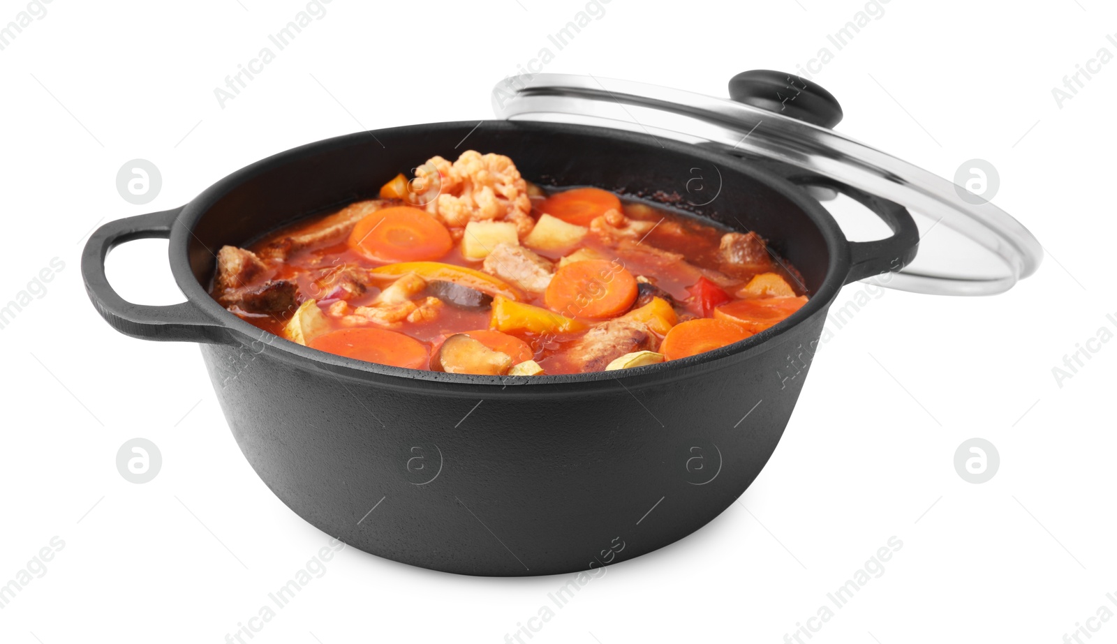 Photo of Tasty homemade stew with vegetables in dish isolated on white