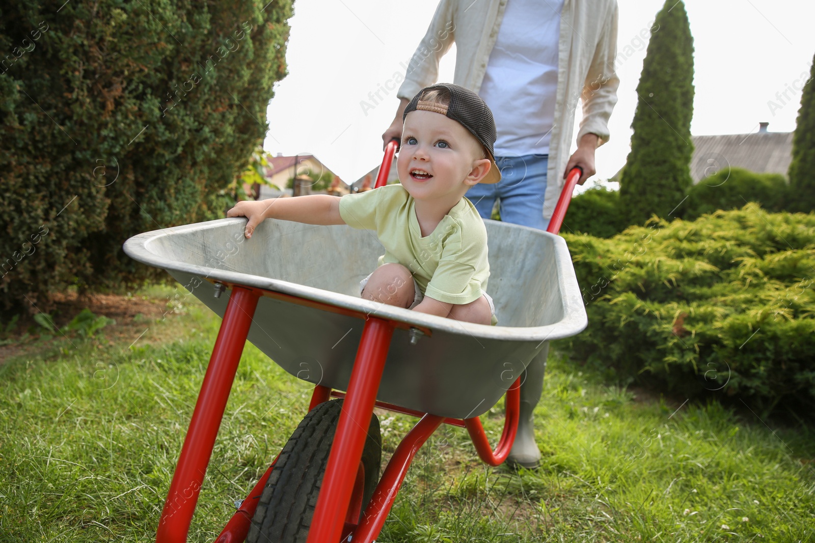 Photo of Father pushing wheelbarrow with his son outdoors, closeup