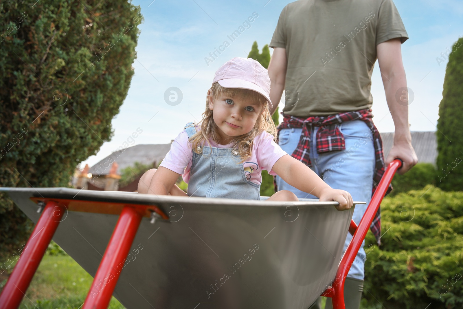 Photo of Father pushing wheelbarrow with his daughter outdoors, closeup