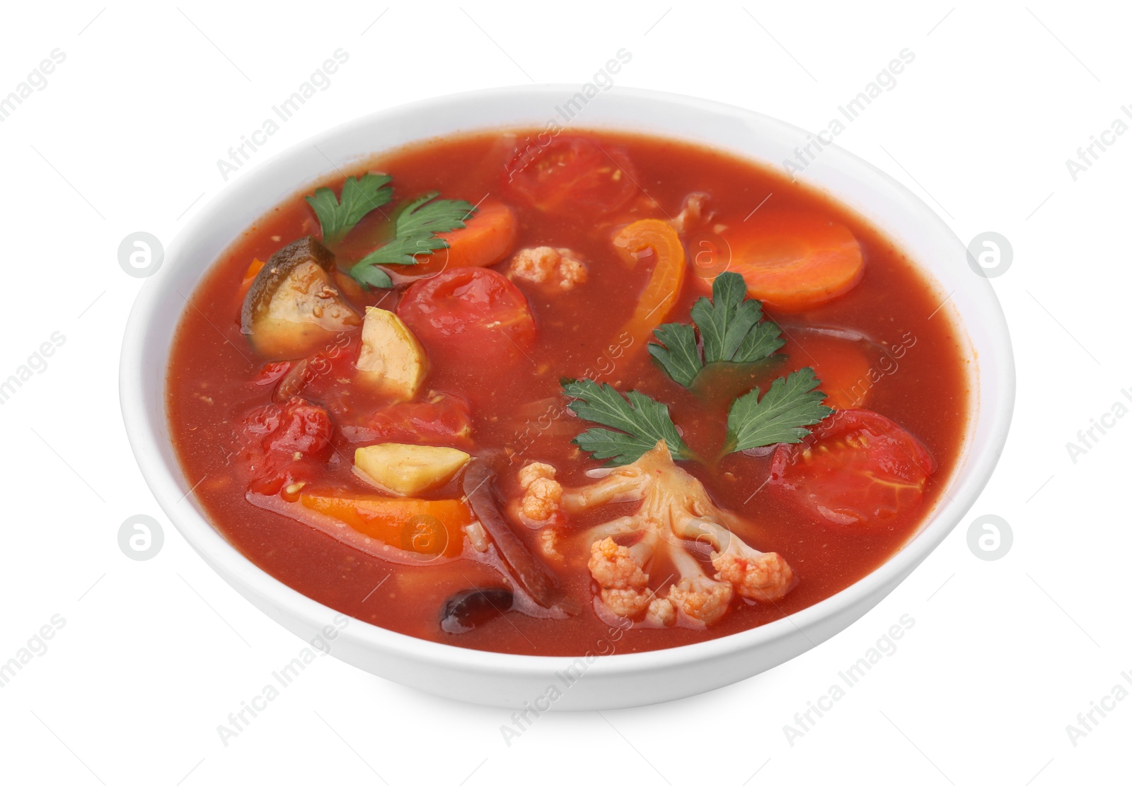 Photo of Delicious homemade stew in bowl isolated on white