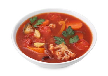 Delicious homemade stew in bowl isolated on white