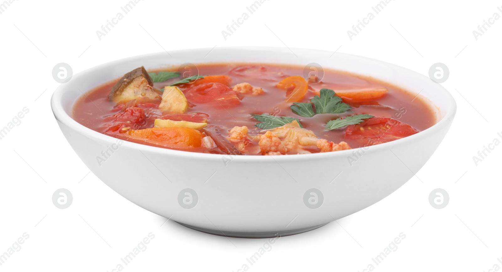 Photo of Delicious homemade stew in bowl isolated on white