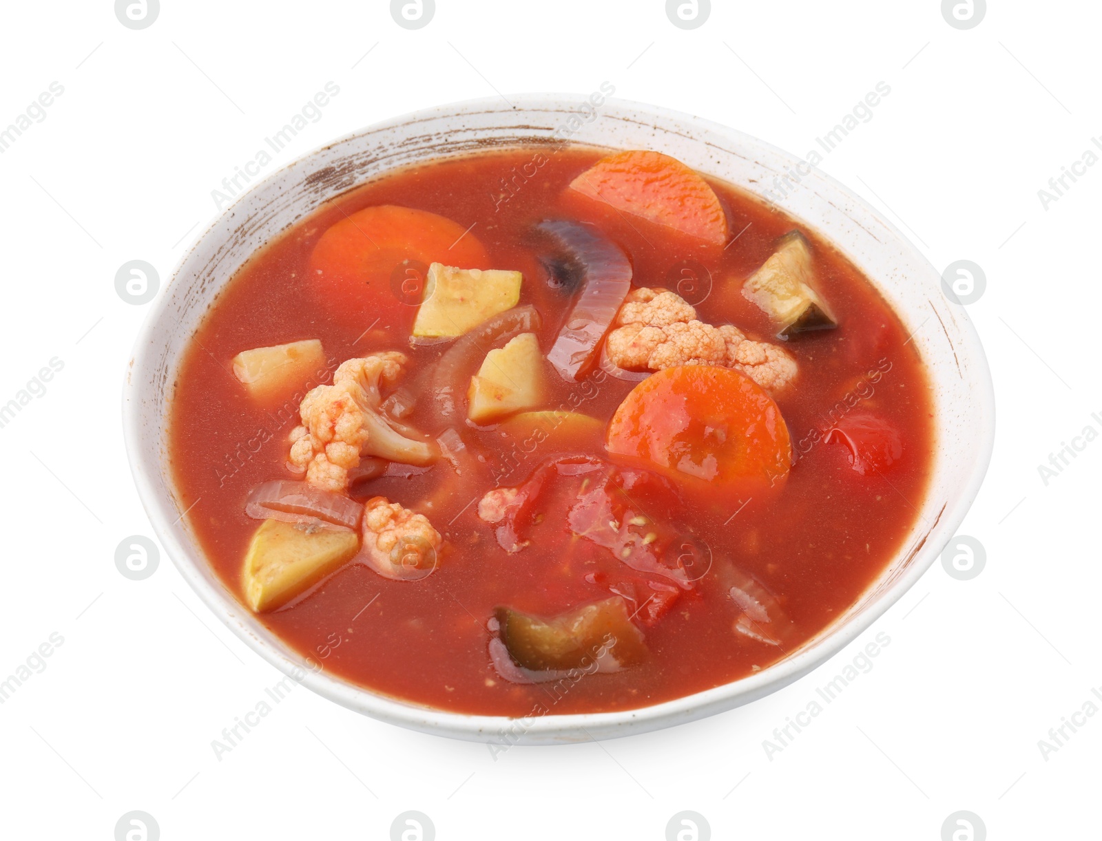 Photo of Delicious homemade stew in bowl isolated on white