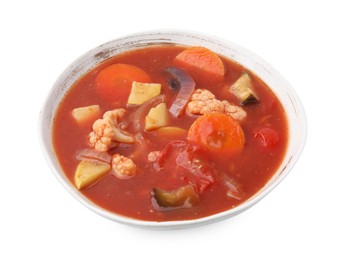 Delicious homemade stew in bowl isolated on white