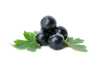 Photo of Ripe blackcurrants and green leaves isolated on white