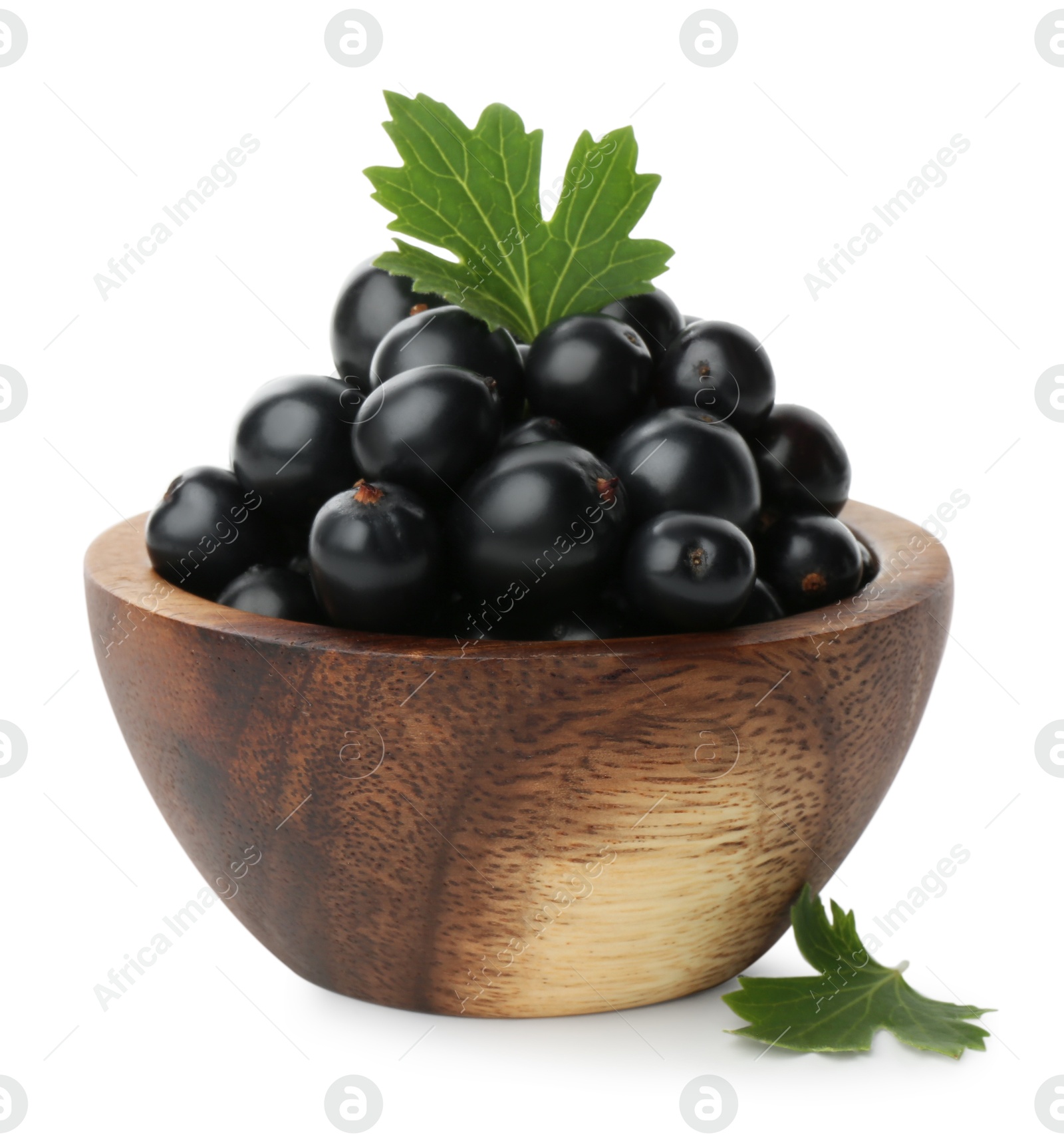 Photo of Bowl of ripe blackcurrants and green leaves isolated on white