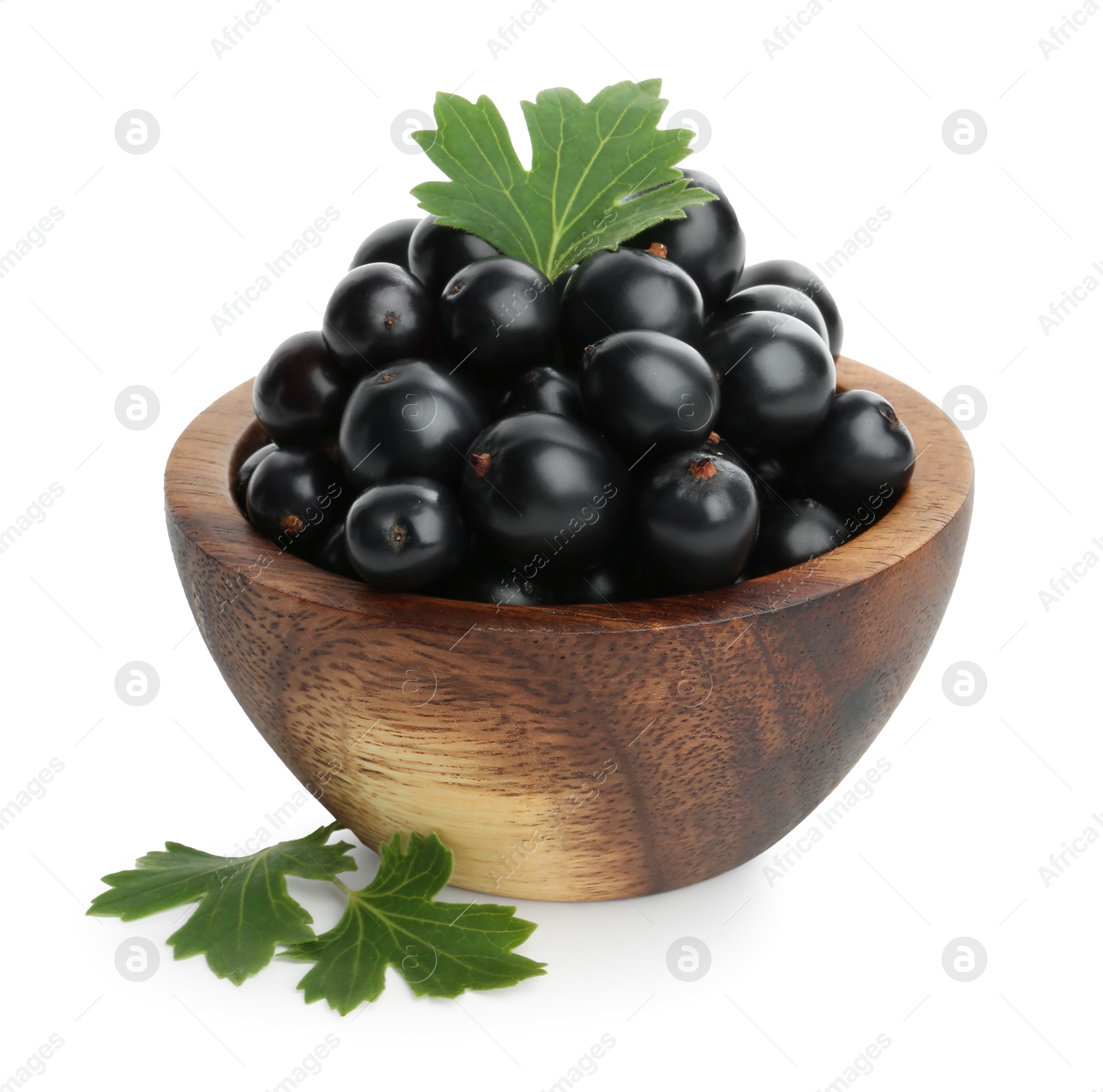 Photo of Bowl of ripe blackcurrants and green leaves isolated on white