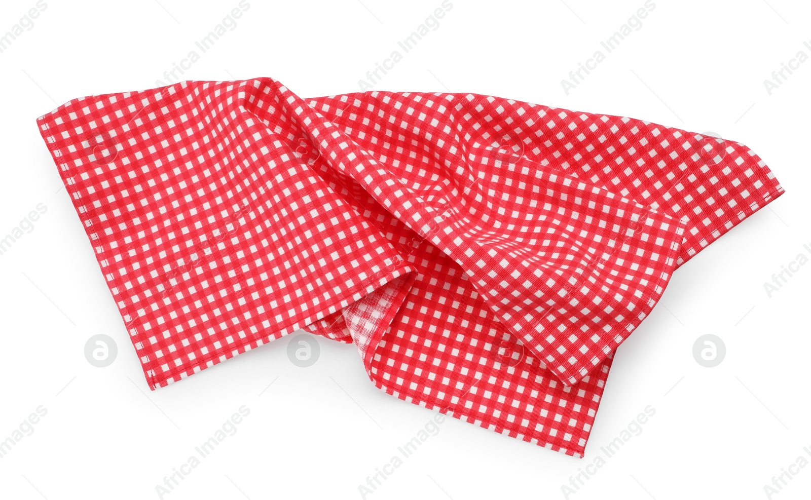 Photo of Red checkered picnic tablecloth isolated on white, top view