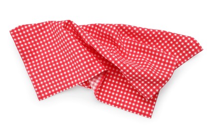 Photo of Red checkered picnic tablecloth isolated on white, top view