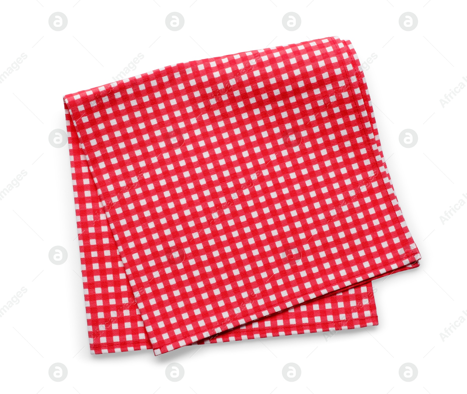 Photo of Red checkered picnic tablecloth isolated on white, top view