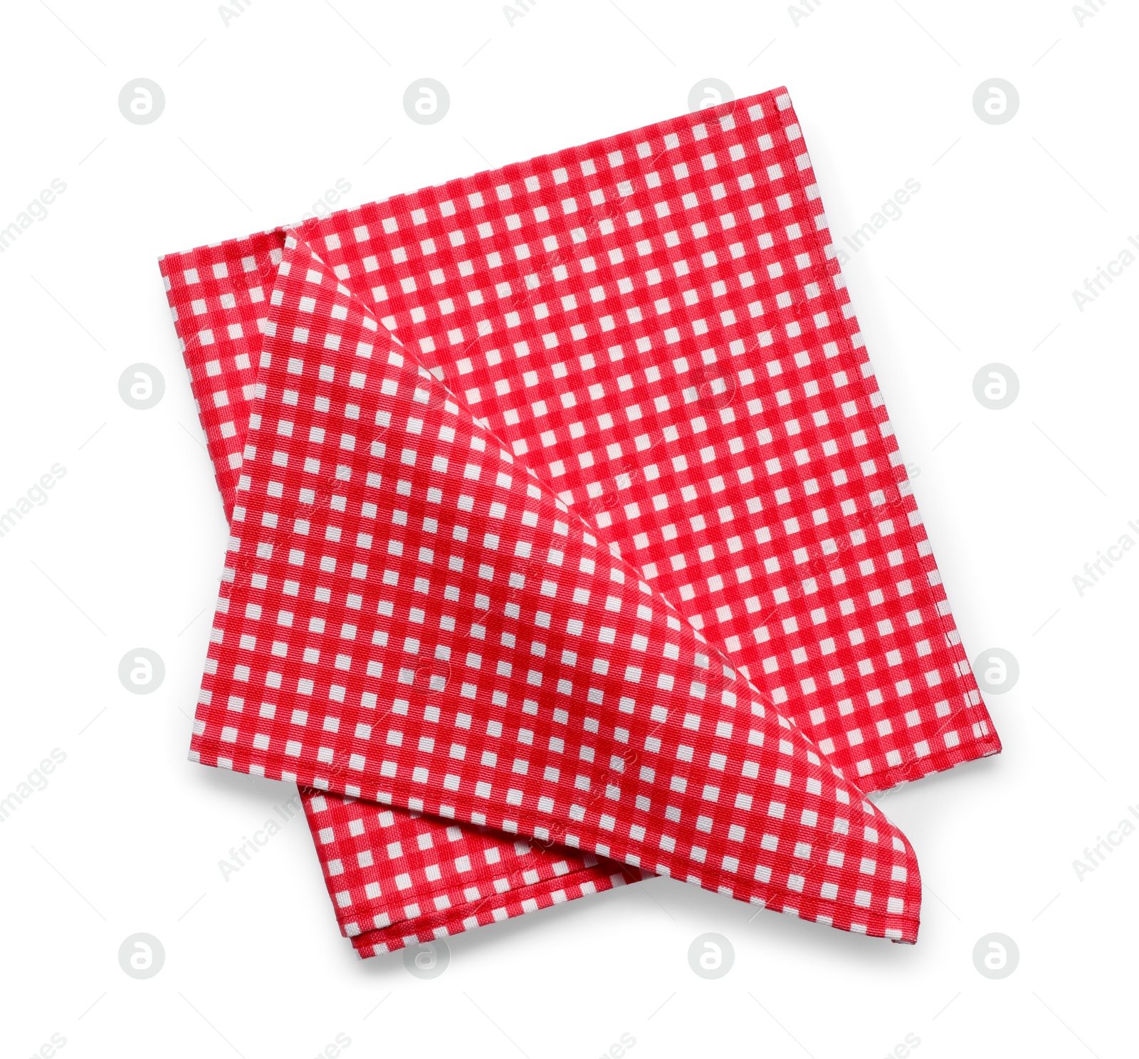 Photo of Red checkered picnic tablecloth isolated on white, top view