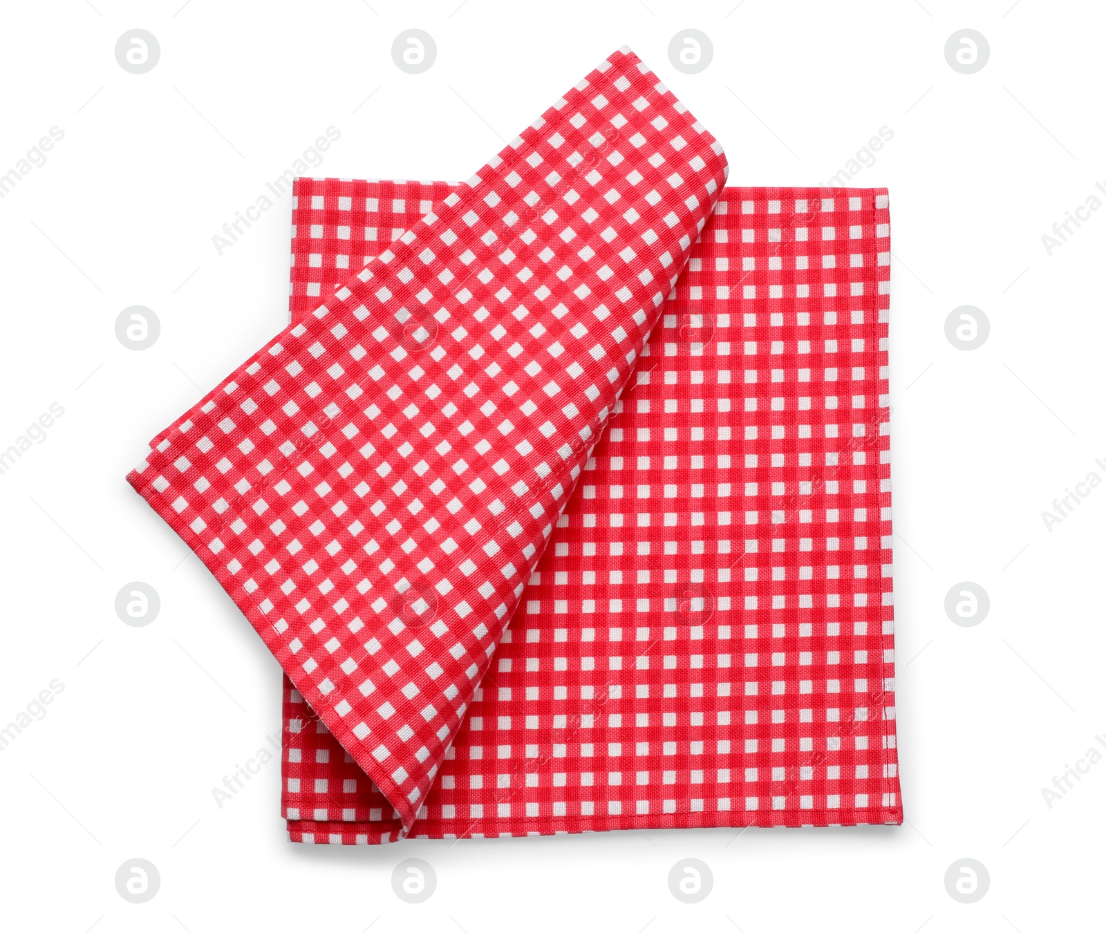 Photo of Red checkered picnic tablecloth isolated on white, top view