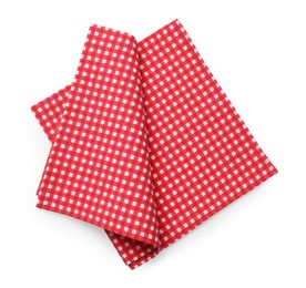 Photo of Red checkered picnic tablecloth isolated on white, top view