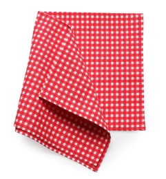 Photo of Red checkered picnic tablecloth isolated on white, top view