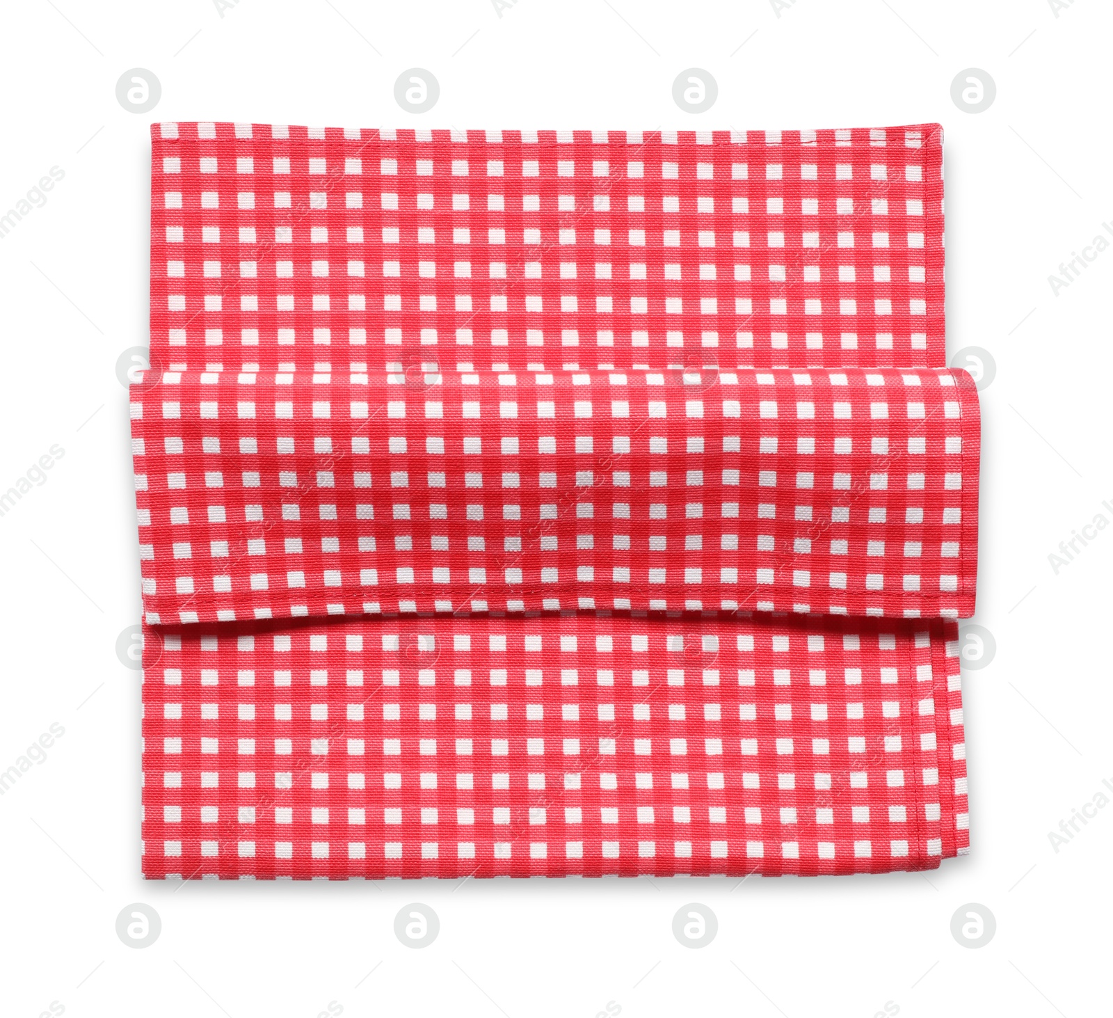 Photo of Red checkered picnic tablecloth isolated on white, top view