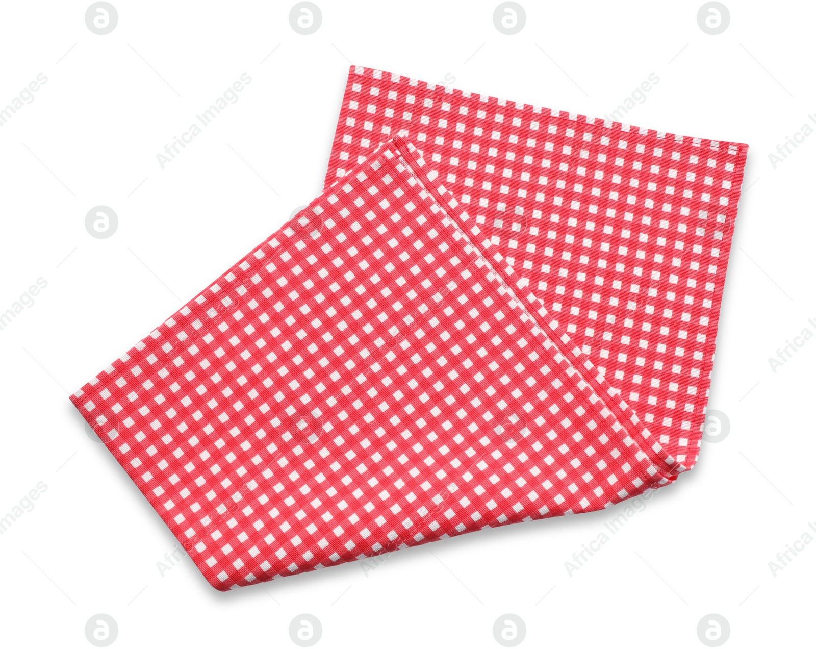 Photo of Red checkered picnic tablecloth isolated on white, top view