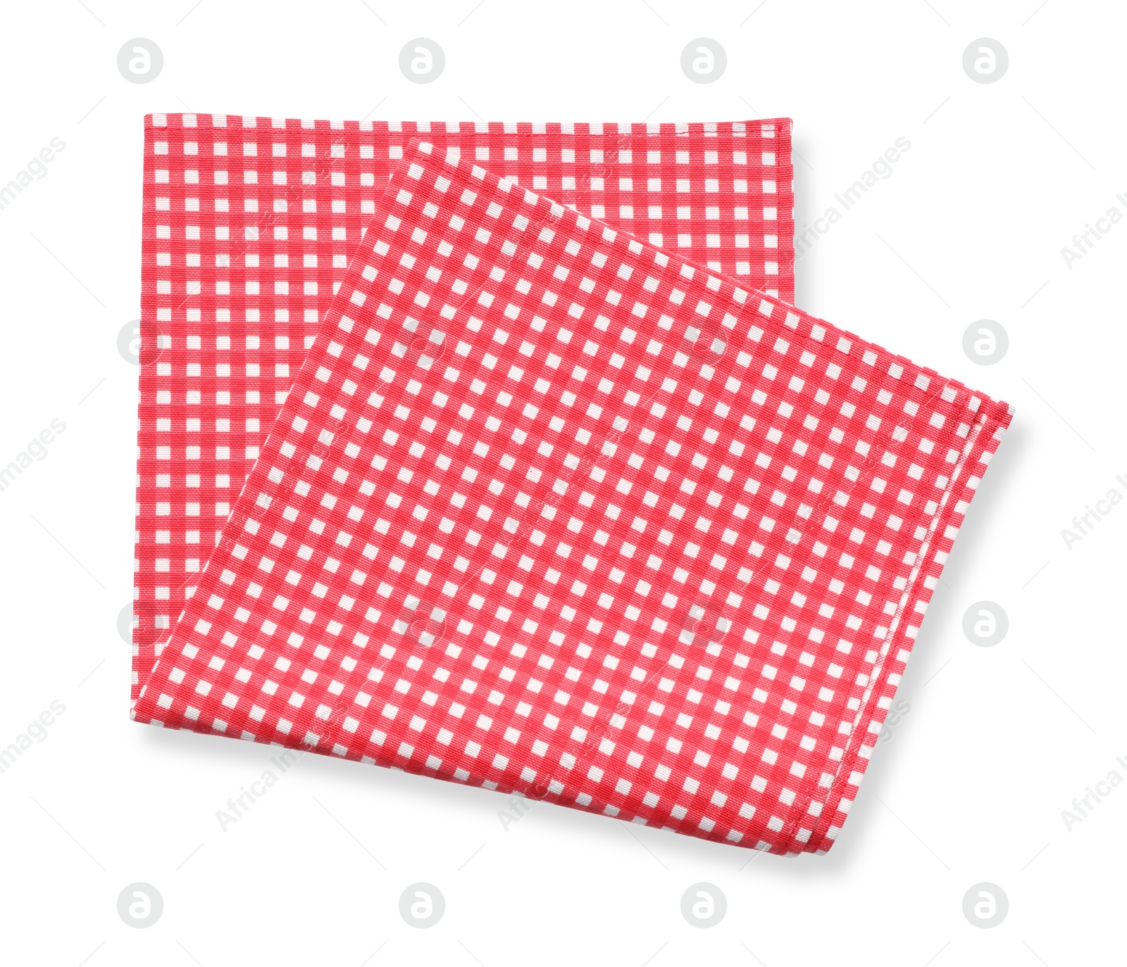 Photo of Red checkered picnic tablecloth isolated on white, top view