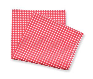 Photo of Red checkered picnic tablecloth isolated on white, top view