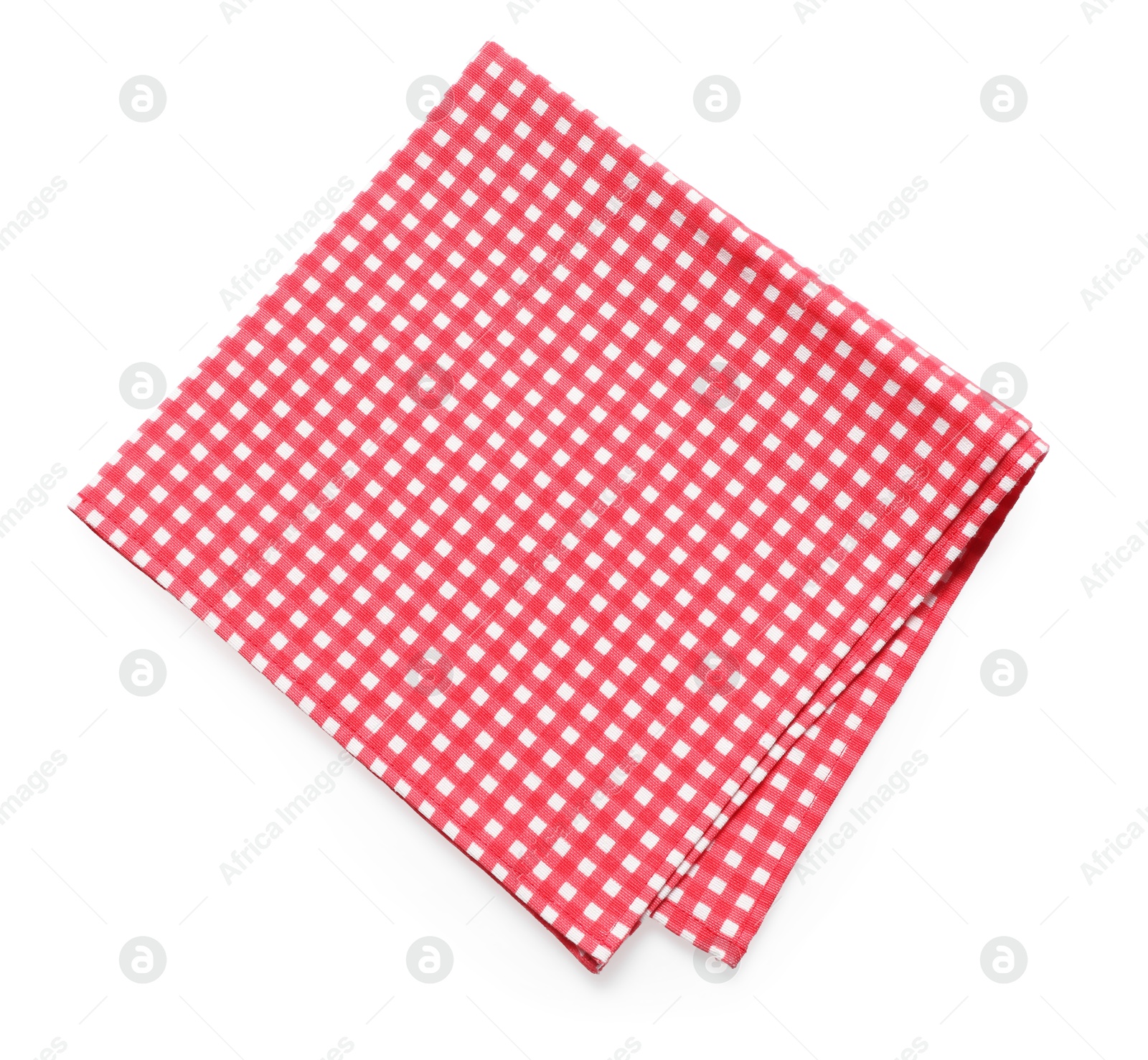 Photo of Red checkered picnic tablecloth isolated on white, top view