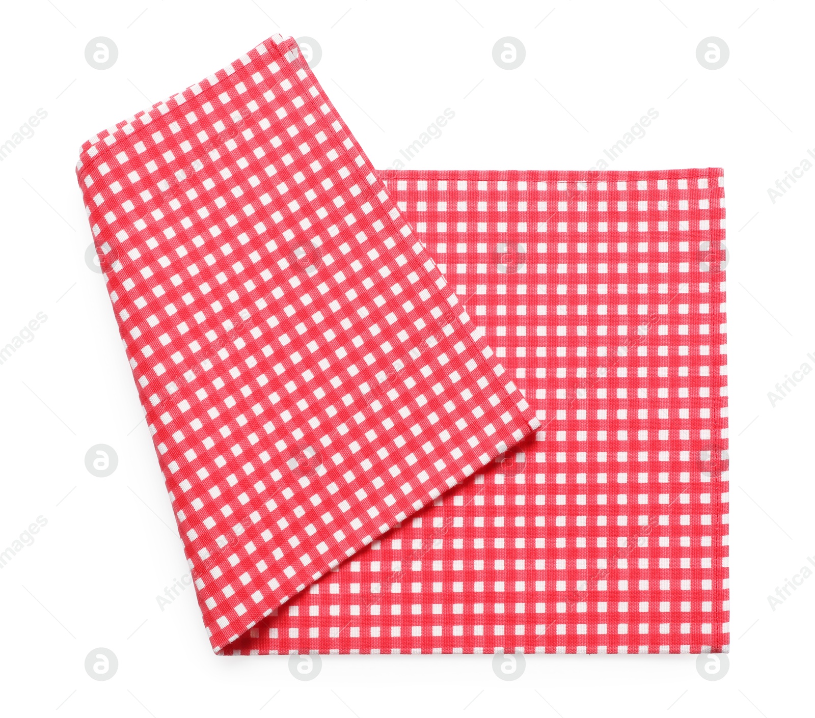 Photo of Red checkered picnic tablecloth isolated on white, top view