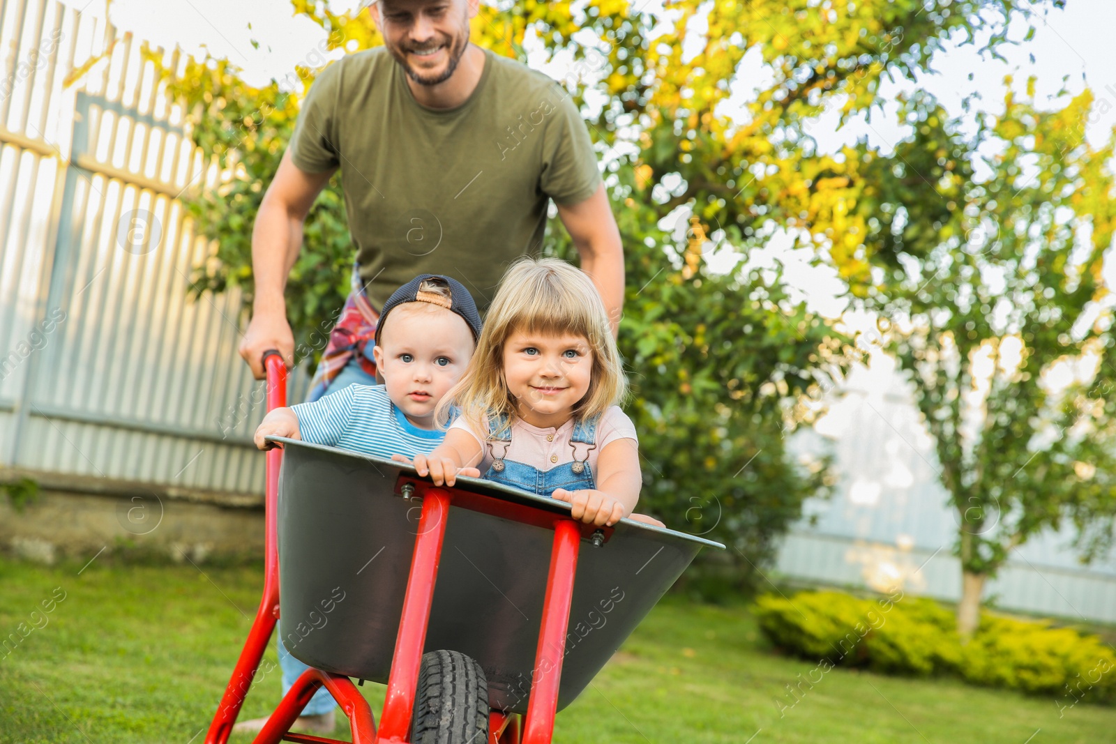 Photo of Father pushing wheelbarrow with his kid outdoors, space for text