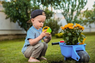 Photo of Cute little boy holding toy watering can near small wheelbarrow with beautiful flowers outdoors