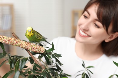 Photo of Woman with bright parrot indoors, selective focus. Exotic pet