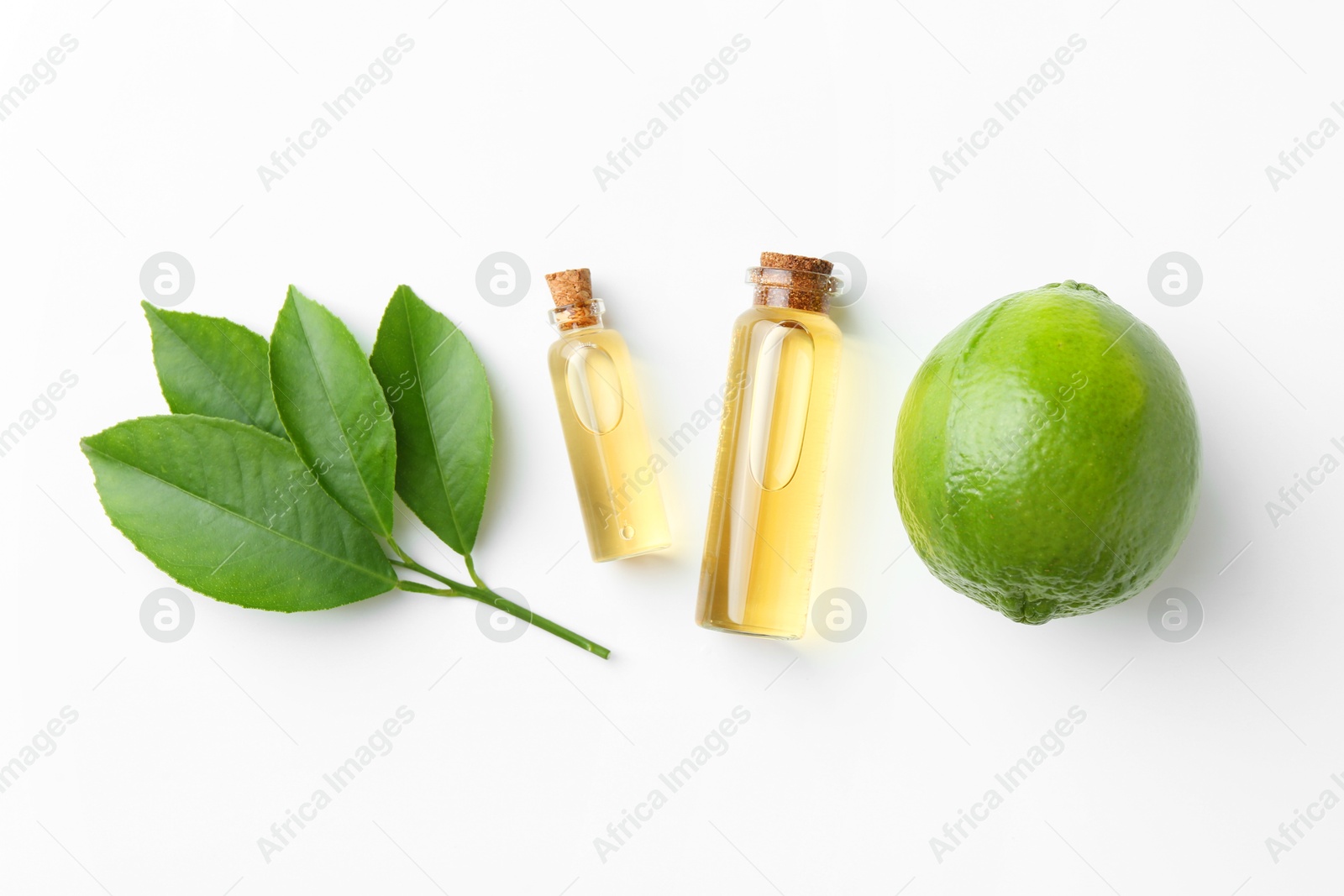 Photo of Bottles of essential oils, lime and green leaves on white background, flat lay