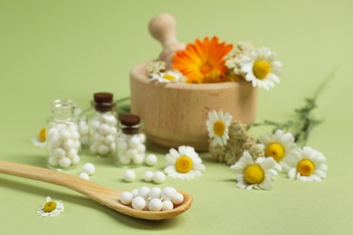 Photo of Homeopathic remedy, mortar and flowers on light green background, selective focus