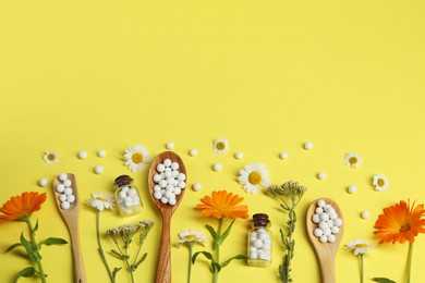 Flat lay composition with homeopathic remedy and flowers on yellow background. Space for text