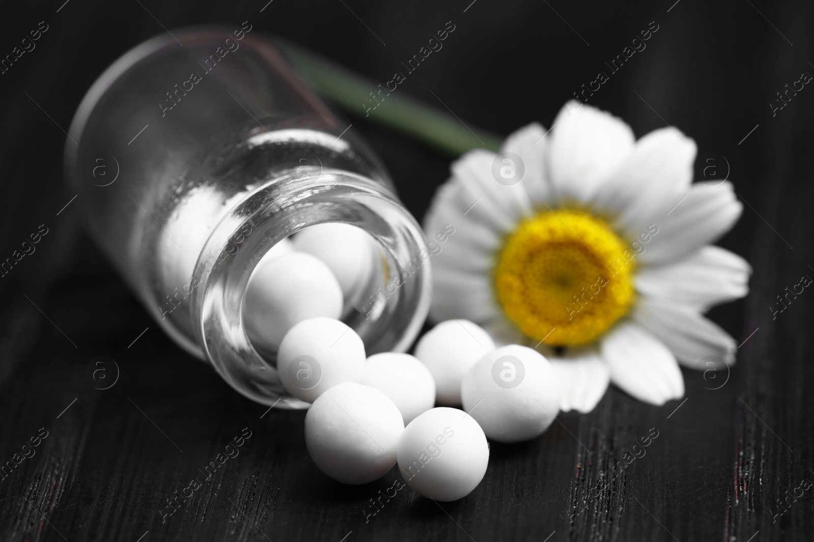 Photo of Homeopathy. Glass bottle with pills and chamomile flower on black wooden table, closeup