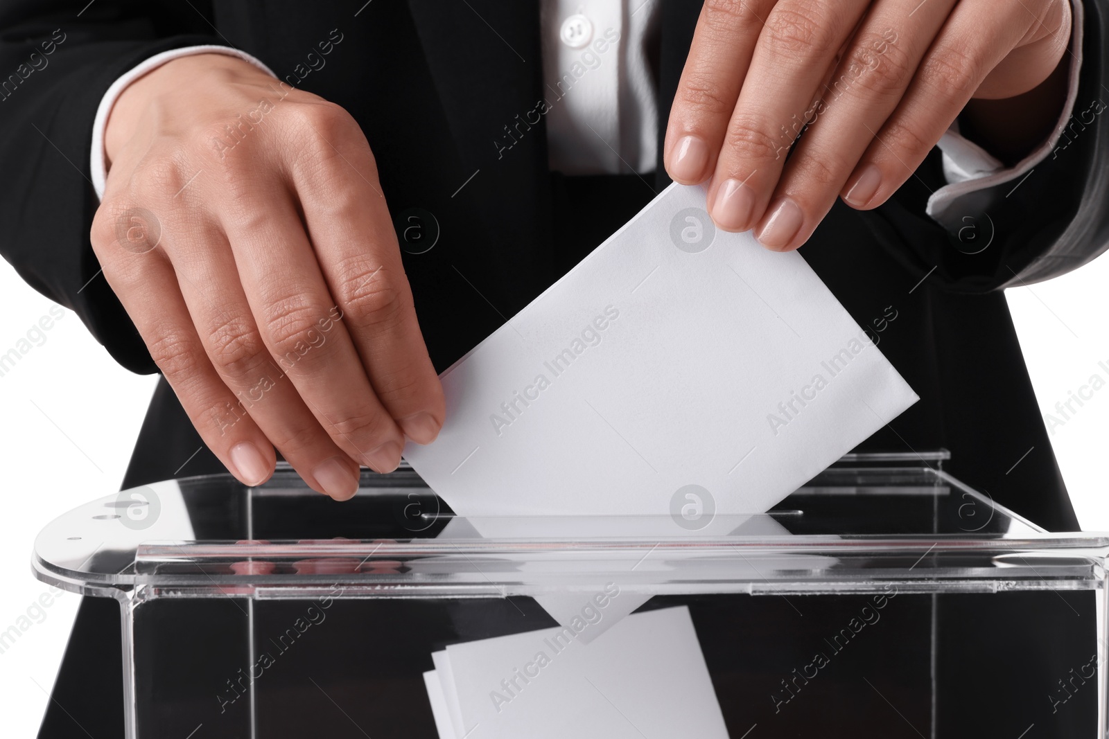 Photo of Woman putting her vote into ballot box against white background, closeup