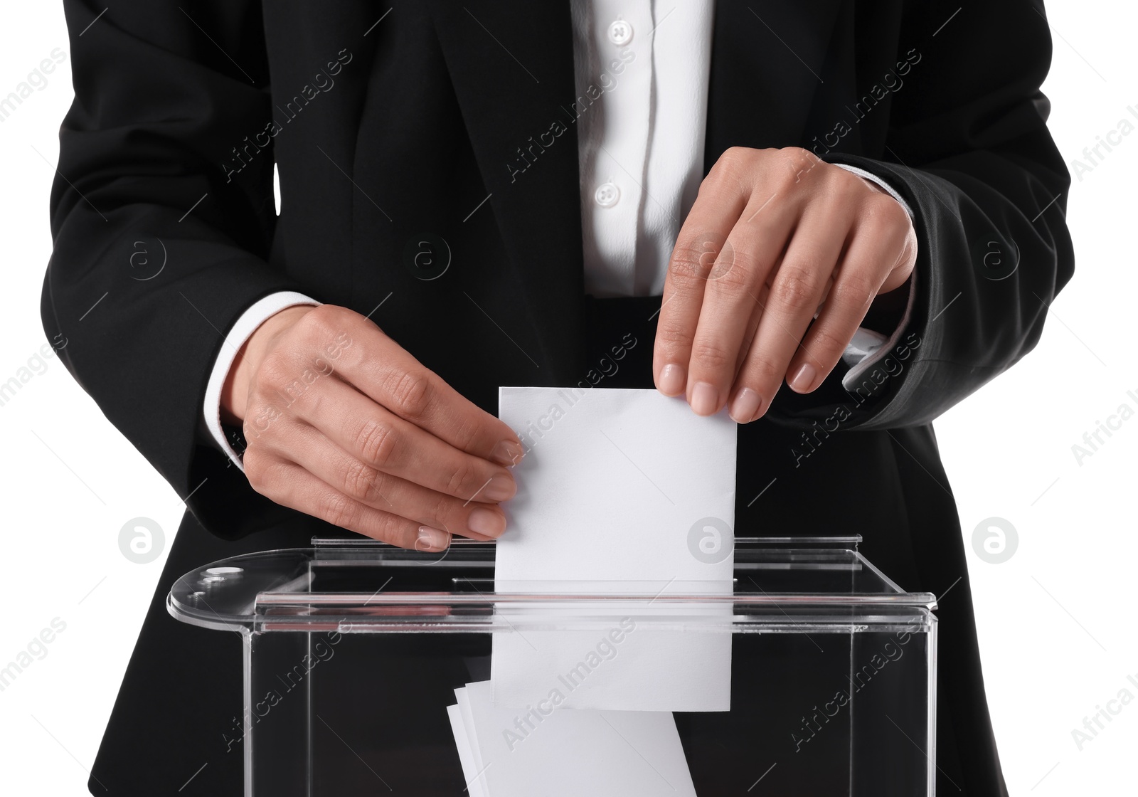 Photo of Woman putting her vote into ballot box against white background, closeup