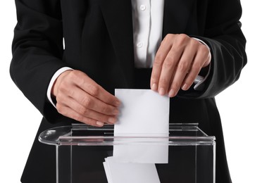 Photo of Woman putting her vote into ballot box against white background, closeup