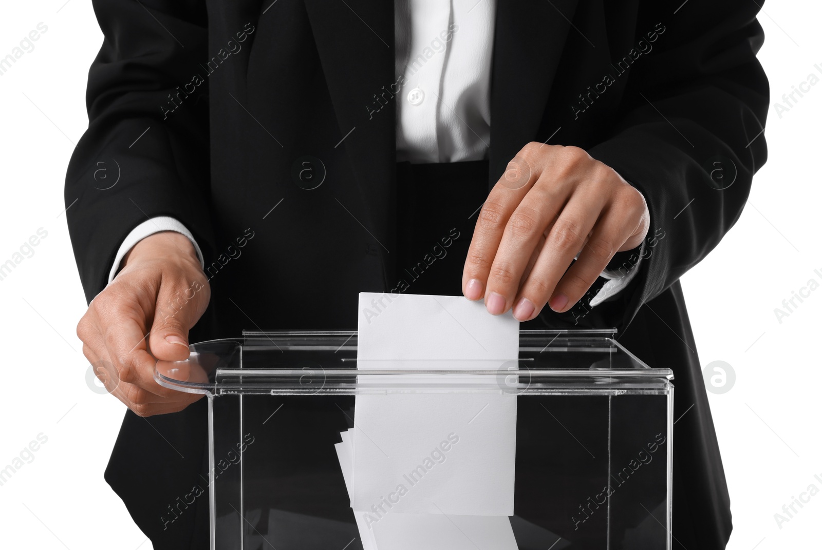 Photo of Woman putting her vote into ballot box against white background, closeup