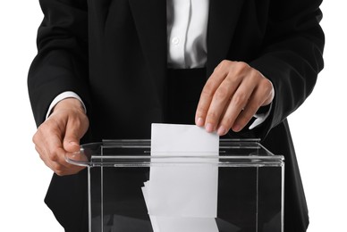 Photo of Woman putting her vote into ballot box against white background, closeup