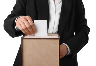 Photo of Woman putting her vote into ballot box against white background, closeup