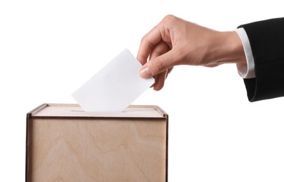 Photo of Woman putting her vote into ballot box against white background, closeup